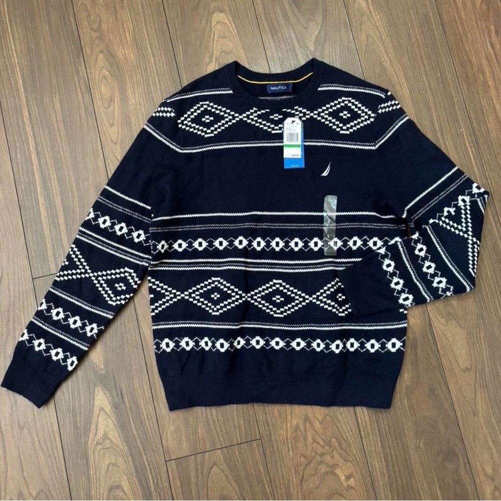 Nautica Men's Navy Crewneck Sweater with White Fair Isle Pattern